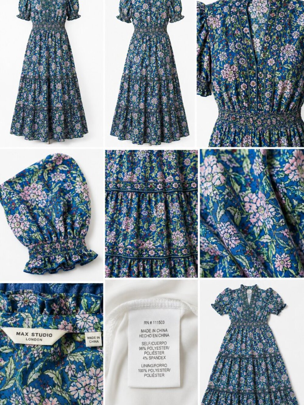 Max Studio London Floral Maxi Dress Blue Green Boho Tiered Ruffle Smocked Waist - Picture 6 of 6